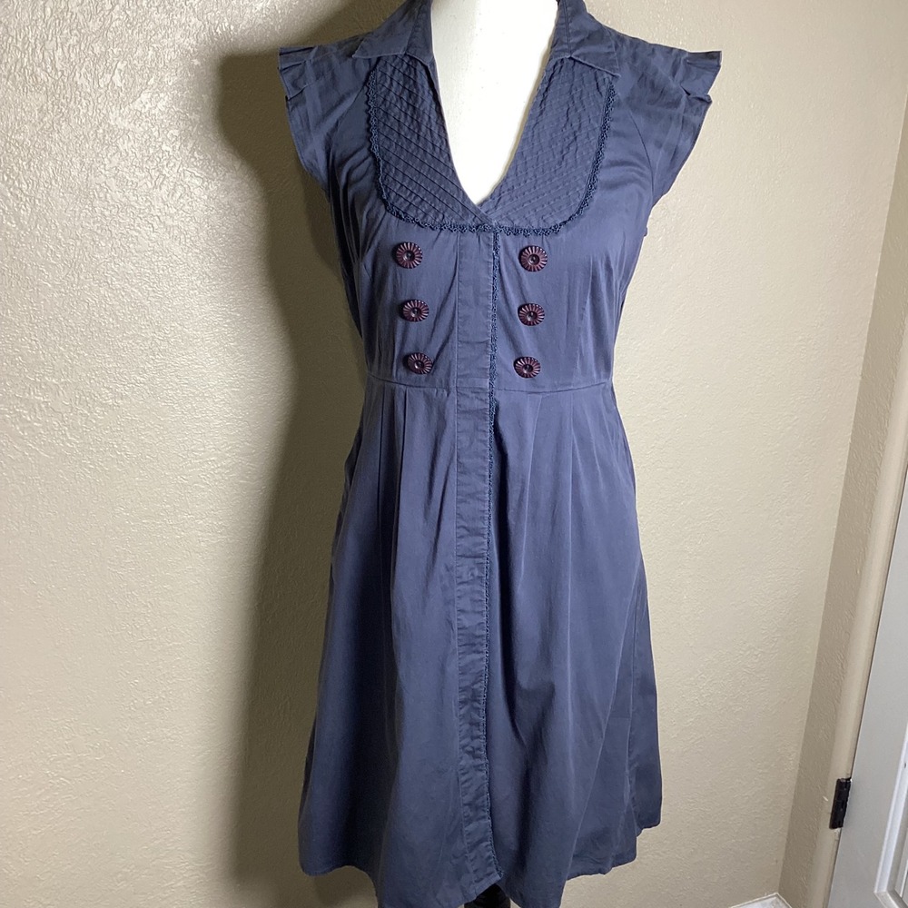 Maeve Anthropologie Blue Cotton Fit & Flare Dress Cap Sleeve Pleated Size 6